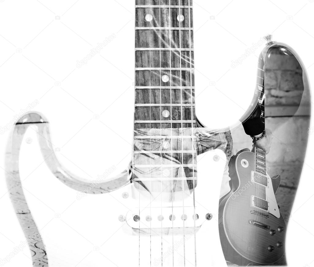 Man holding a guitar and guitar silhouette in double exposure in