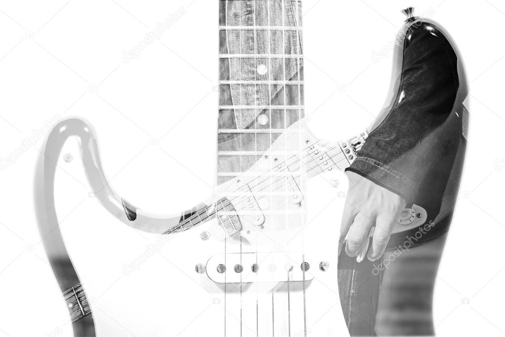 guitar player and guitar silhouette in double exposure effect in