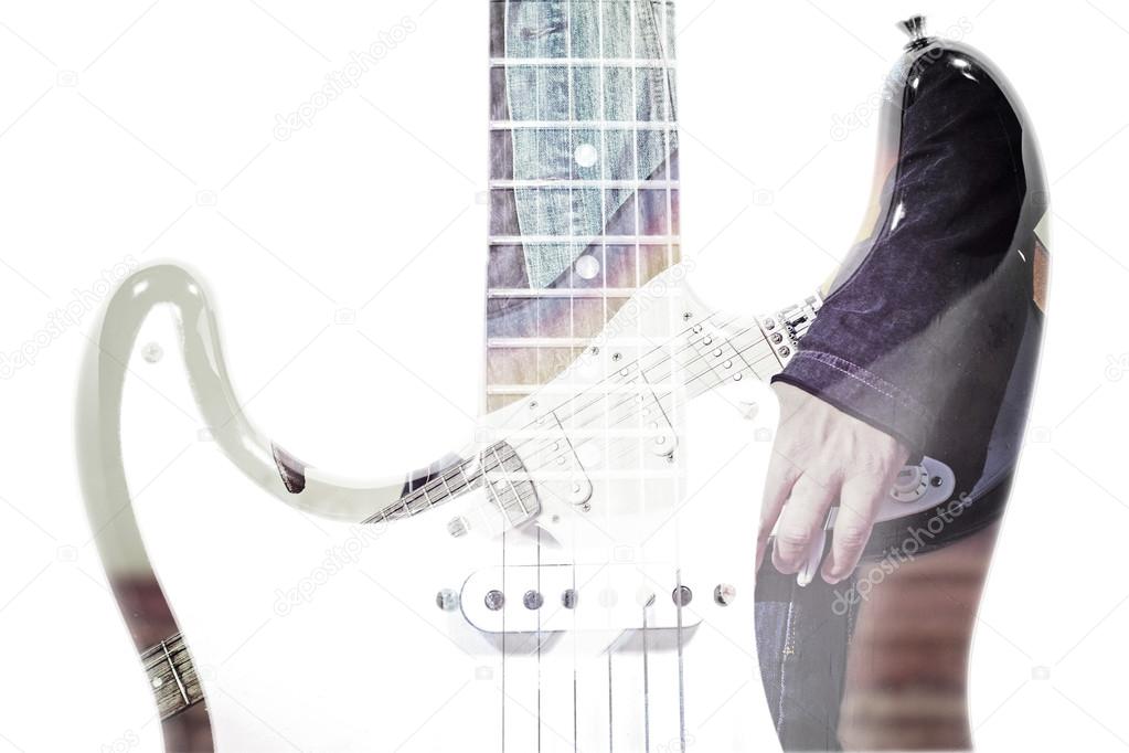 guitar player and guitar silhouette in double exposure effect