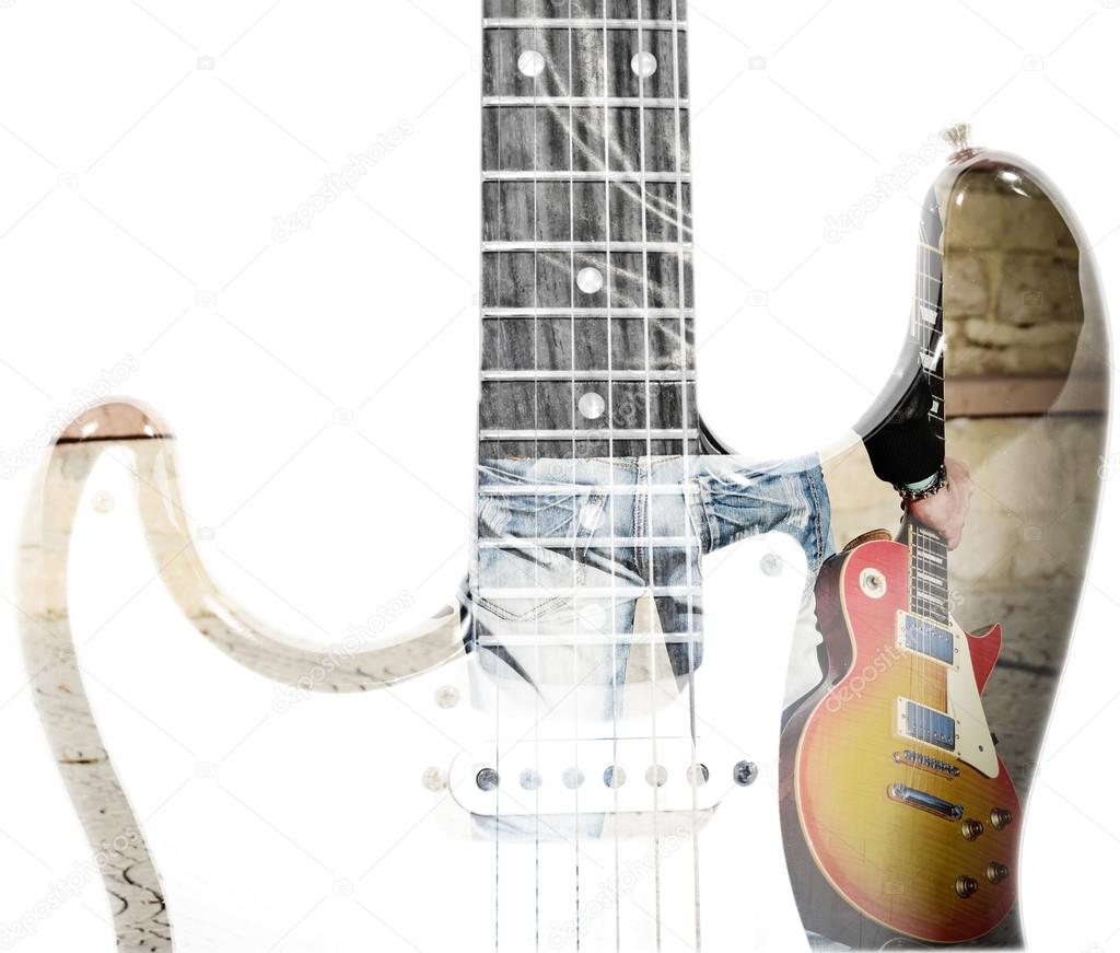 man holding a guitar and guitar silhouette in double exposure