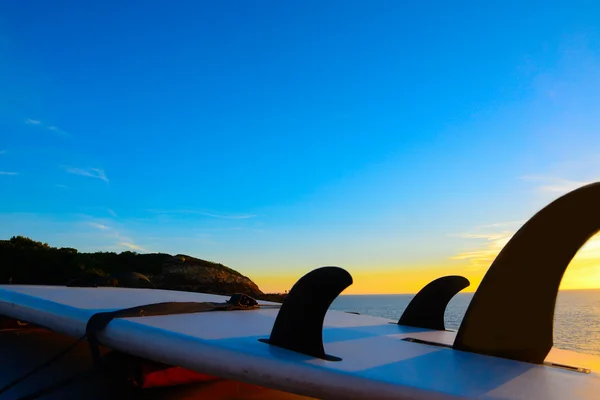 Surfbräda silhuett i solnedgången — Stockfoto