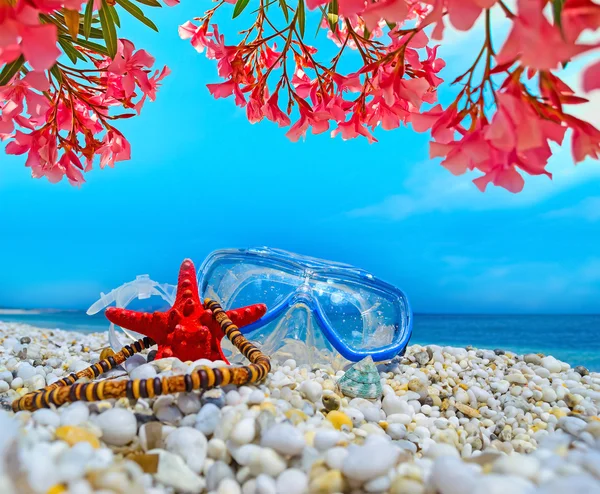 Máscara de buceo y flores por el mar —  Fotos de Stock