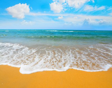 Porto Ferro kıyı bir bulutlu gökyüzü altında