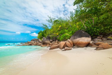 Tropik bir plajda beyaz kum ve granit kayalar. Seyşeller, Hint Okyanusu