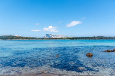 Cala Brandinchi sahilinin temiz mavi gökyüzü, birkaç beyaz bulut ve arka planda Tavolara Adası manzarası. Kristal berraklığında su ve kumlu kıyı şeridi tropikal ve davetkar bir manzara yaratır..