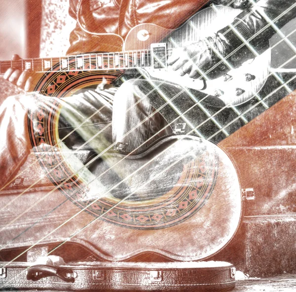 Dubbele blootstelling van een gitarist met een open gitaar koffer — Stockfoto