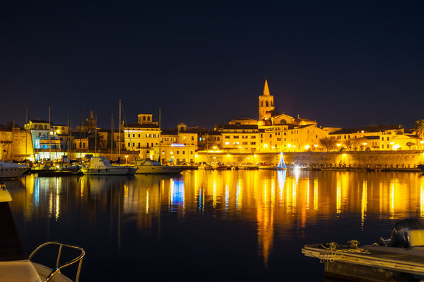 Alghero cityscape under a clear sky at night