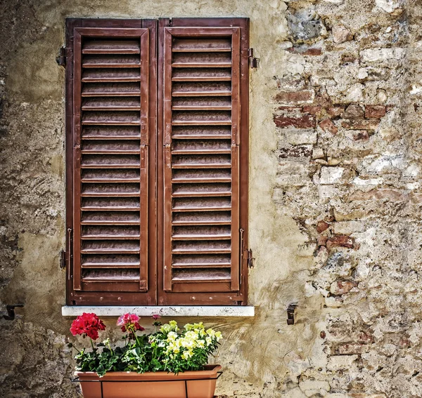 Hnědá okenice v rustikální stěna — Stock fotografie