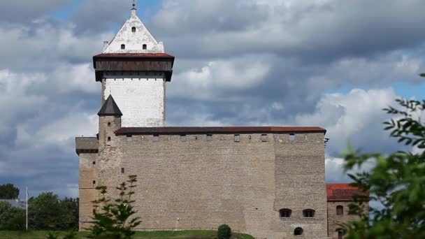 Středověký hrad pozadí dramatické oblohy — Stock video