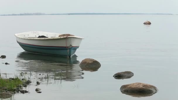 Evezős csónak a hullámok seascape imbolygott — Stock videók