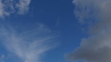 Kümülüs bulutları mavi gökyüzünde süzülür.