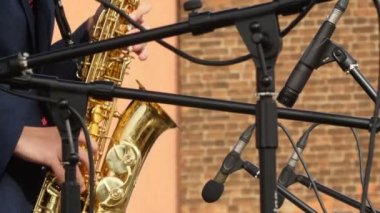 Bir konserde, ön plandaki müzisyen bir mikrofonun elinde parlak bir saksafon.