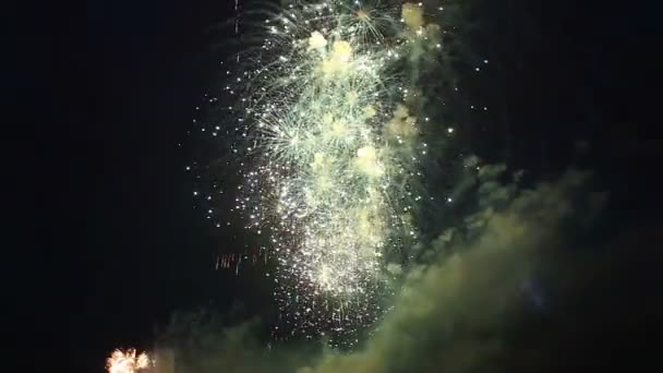 Vuurwerk Enorme Vuurballen Verstrooien Miljarden Veelkleurige Sprankelende Heldere Vonken Origineel — Stockvideo