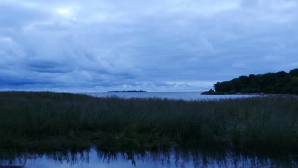 Cloudy Evening Lake Dark Rain Clouds Fly Low Water Time — Stock Video