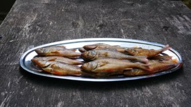 Şef taze pişmiş altın füme levreği yakın plan büyük bir tabakta serer.