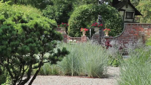 Красивый сад с фонтаном — стоковое видео