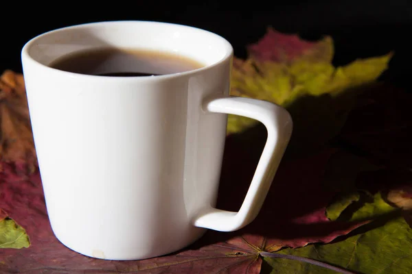 Autumn Sad Mood Expressed Maple Leaves Cup Coffee — Stock Photo, Image