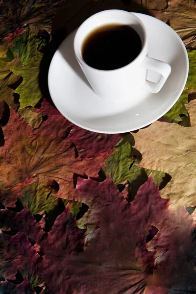 Autumn sad mood expressed by maple leaves and a cup of coffee