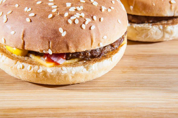 Two Mouth Watering Delicious Homemade Burgers Used Chop Beef Wooden — Zdjęcie stockowe