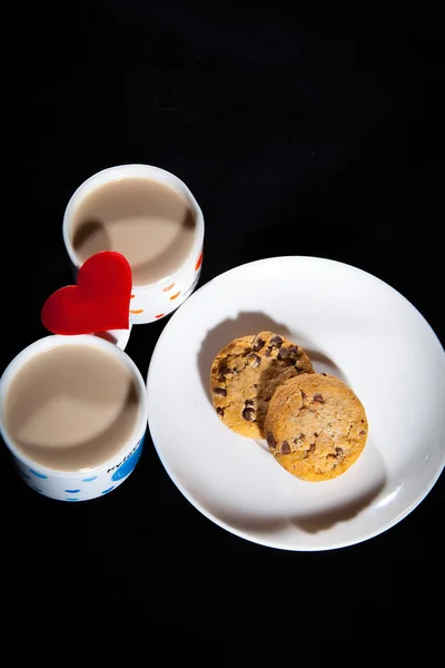 Coffee Milk Cookies Romantic Date Valentine Day — Stock Photo, Image