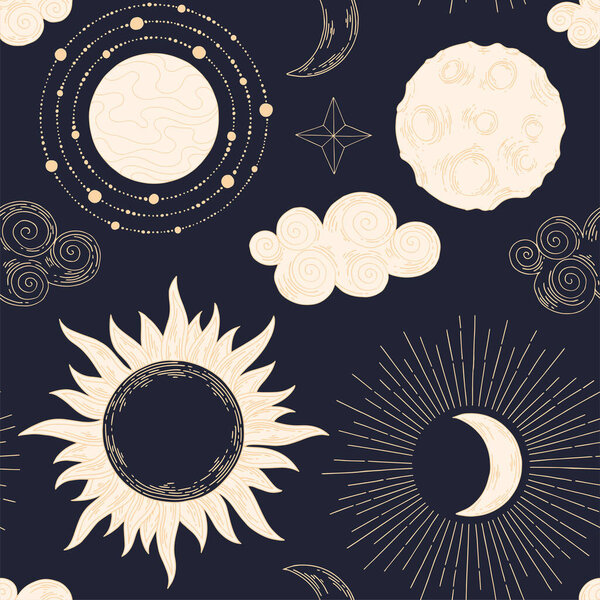 Небесный узор. Векторный бесшовный фон. Ручной рисунок Модель для оформления тканей, обоев, упаковки, домашнего текстиля. Для печати и дизайна поверхности