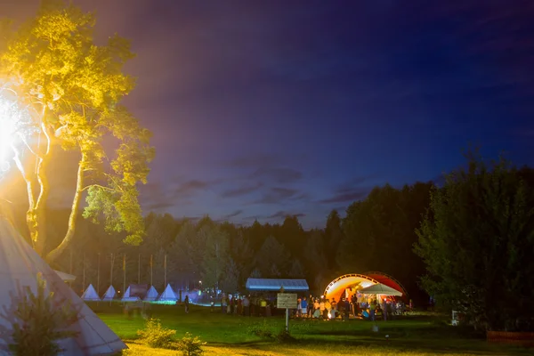 Night party near the fire in the forest. — Stock Photo, Image