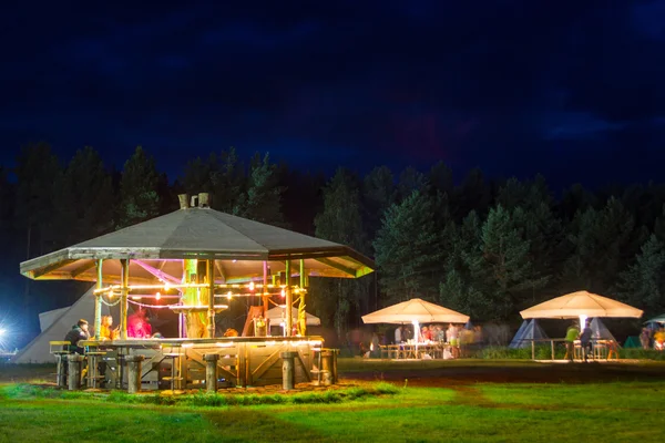 Namioty w obozie turystycznych na leśnej polanie. noc. Obraz Stockowy