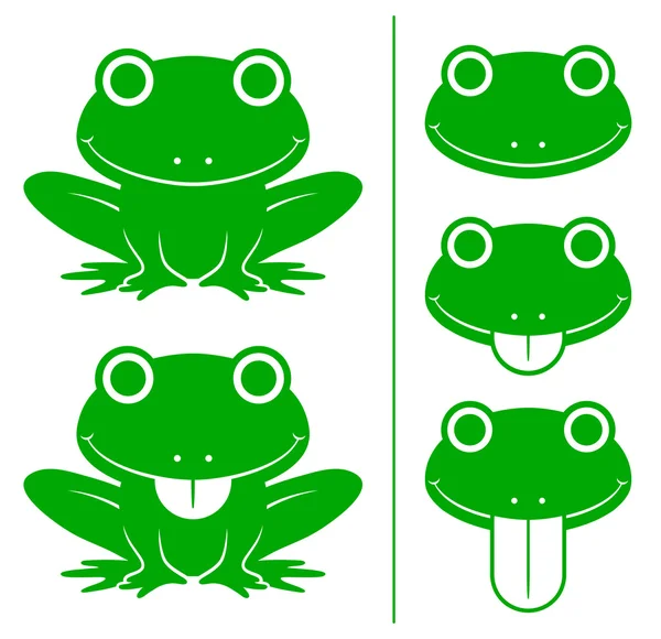 Set of green cartoon frogs with head variations — Stock Vector