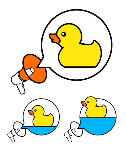 Lindos patitos de goma amarilla con megáfonos — Vector de stock