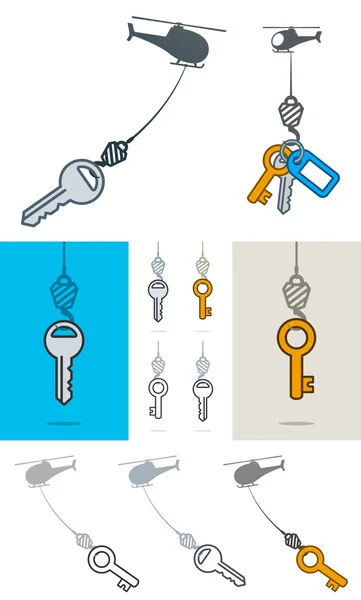 Collection of helicopters lifting a key on a hook — Stock Vector