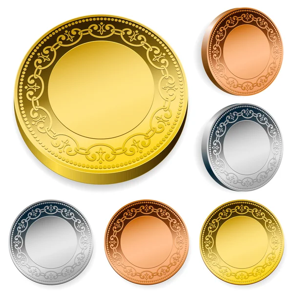 Ornate coin set in gold, silver and bronze — Stock Vector