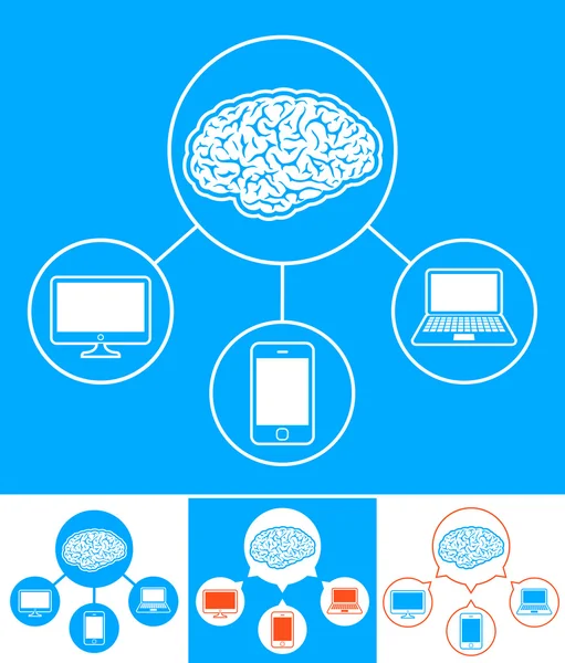 Vector set van mobiele apparaten die zijn aangesloten op de hersenen — Stockvector