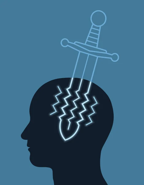 Headache concept with a jagged sword in a head — Stock Vector