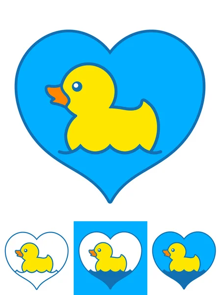 Vector of yellow rubber ducks swimming in hearts — Stock Vector