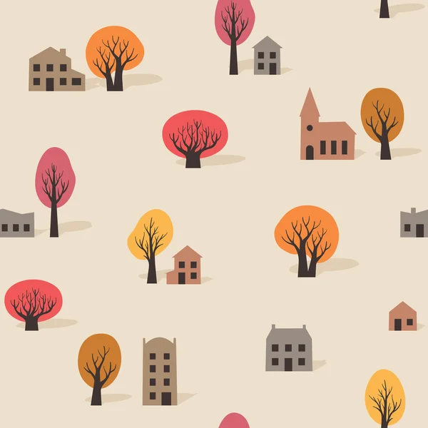 Varrat nélküli mintát a fák és épületek őszén — Stock Vector
