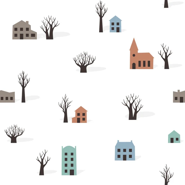 Patrón inconsútil de árboles y edificios en invierno — Vector de stock