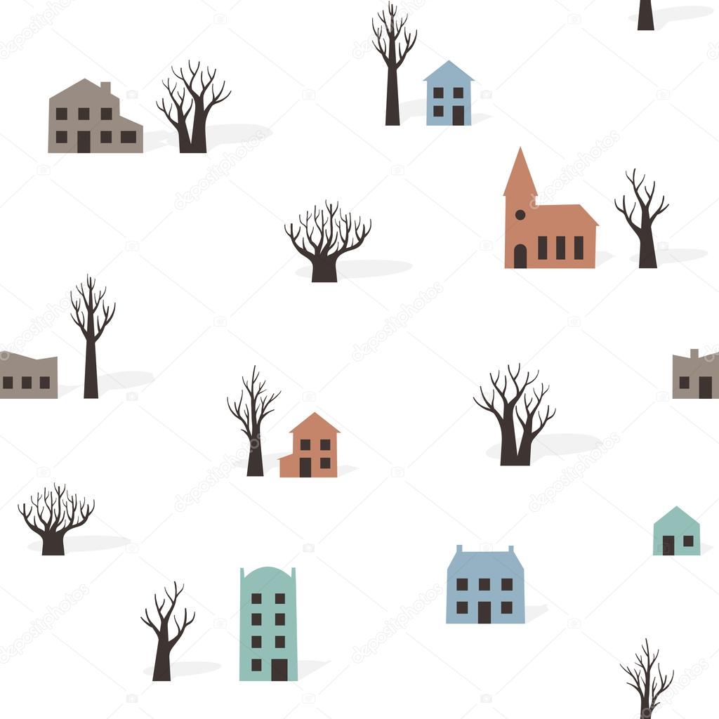 Seamless pattern of trees and buildings in winter