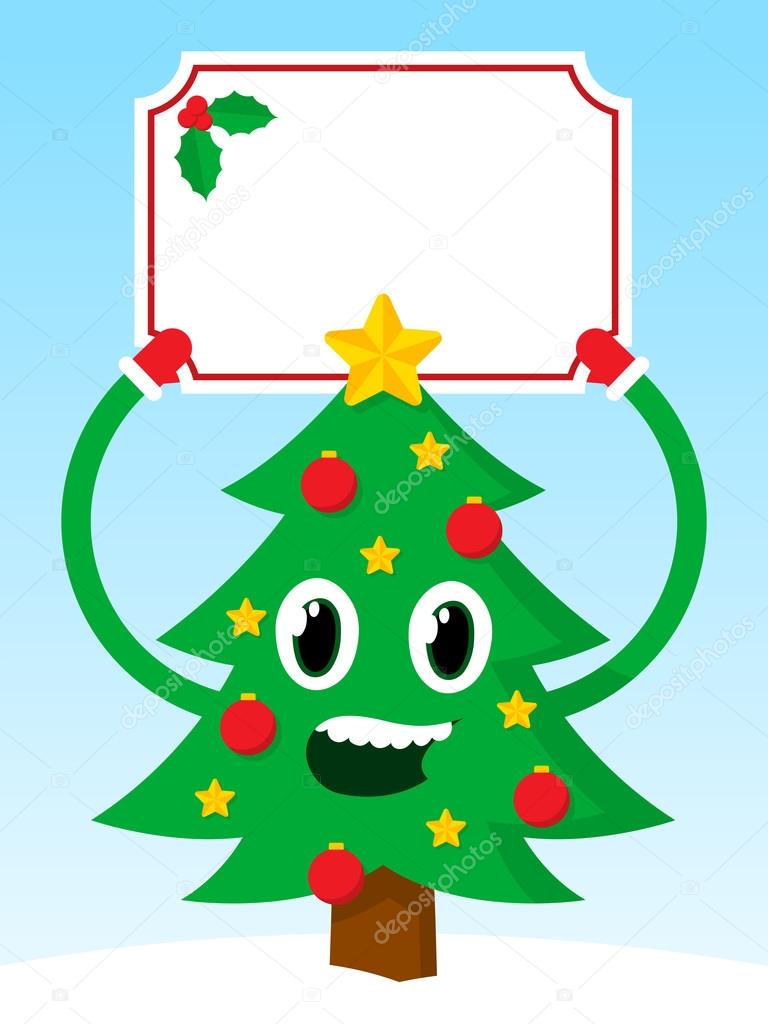 Happy Christmas tree with a festive blank banner