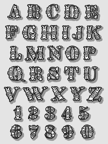 Ensemble complet de chiffres floraux et lettres alphabétiques — Image vectorielle