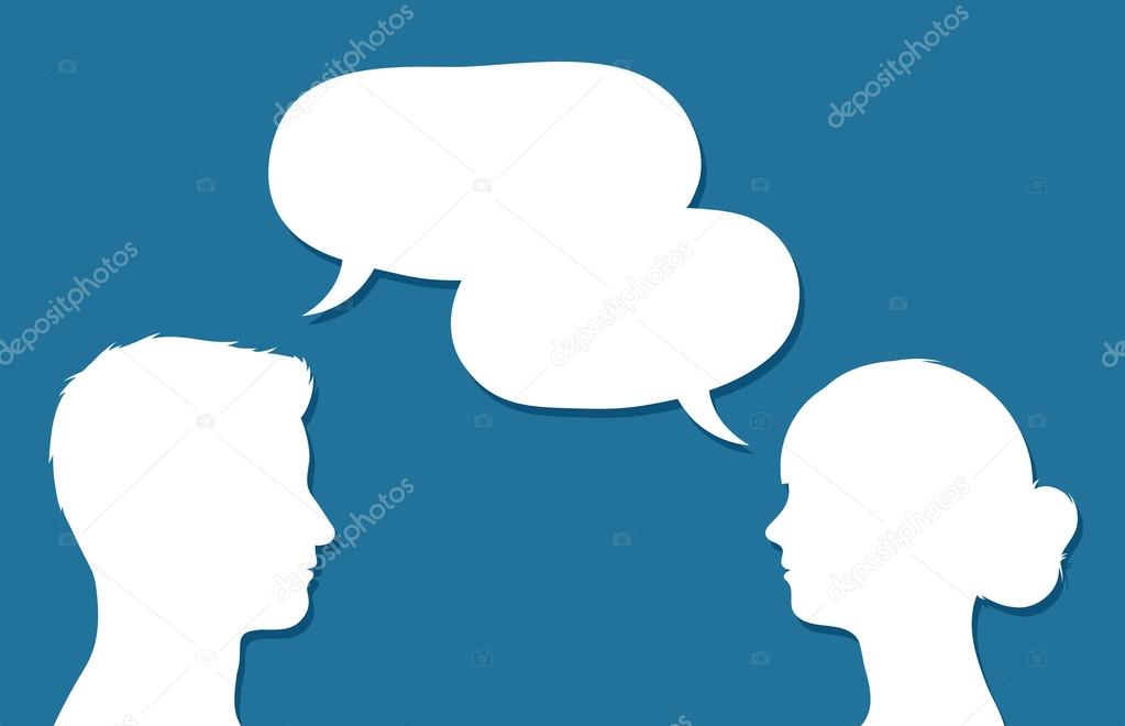 Male and female heads in conversation