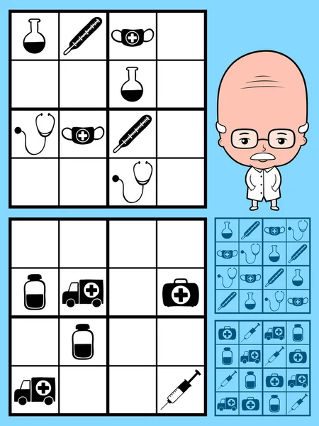 Gyerekek sudoku puzzle orvosi ikonokkal — Stock Vector