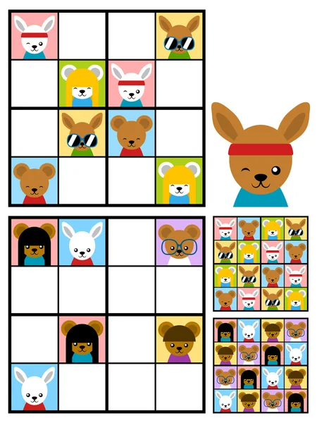 Kinderen sudokupuzzel met cartoon dierlijke hoofden — Stockvector