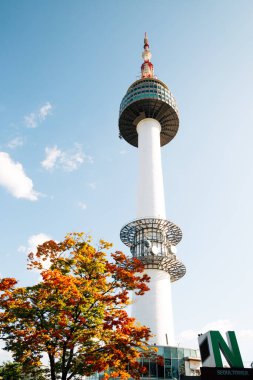 Seul, Kore - 8 Ekim 2020: Sonbahar akçaağaç yapraklı Namsan Seul Kulesi