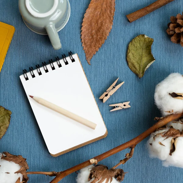 Work and study place. Winter concept. Notebook and pencil, mug cup, dry plant on blue fabric background. flat lay, top view, copy space