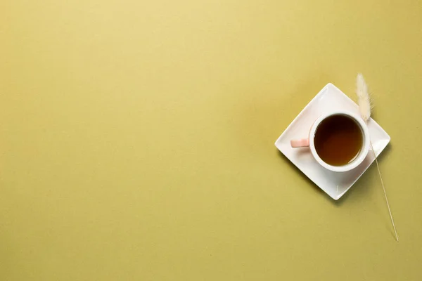 Cup Black Tea Khaki Green Background Top View Copy Space — Stock Photo, Image