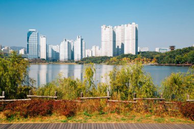 Modern gökdelenlerin ve Gwanggyo Lake Park 'ın sonbaharda Suwon, Kore' deki manzarası.