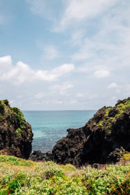 Jeju Adası, Kore 'de Jongdal-ri plajı ve kayalar.