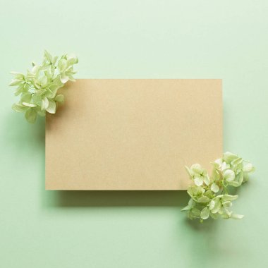 Yeşil arka planda kuru ortanca çiçekleri olan boş bir Kraft not defteri. Üst görünüm, boşluk kopyala