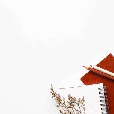 Defter, renkli kalem, beyaz arka planda kuru çiçekler. Düz konum, üst görünüm, kopyalama alanı. Çalışma ve öğrenim yeri
