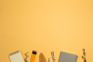 Not defteri, kalem, ataç, turuncu arka planda kuru bitki. Düz konum, üst görünüm, kopyalama alanı. Çalışma ve öğrenim yeri